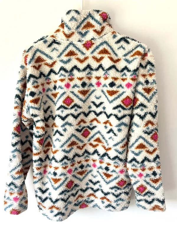Eddie Bauer Aztec Print Cozy Fluffy Sherpa Fleece 1/4 Zip Pullover Blue Pink - Image 5