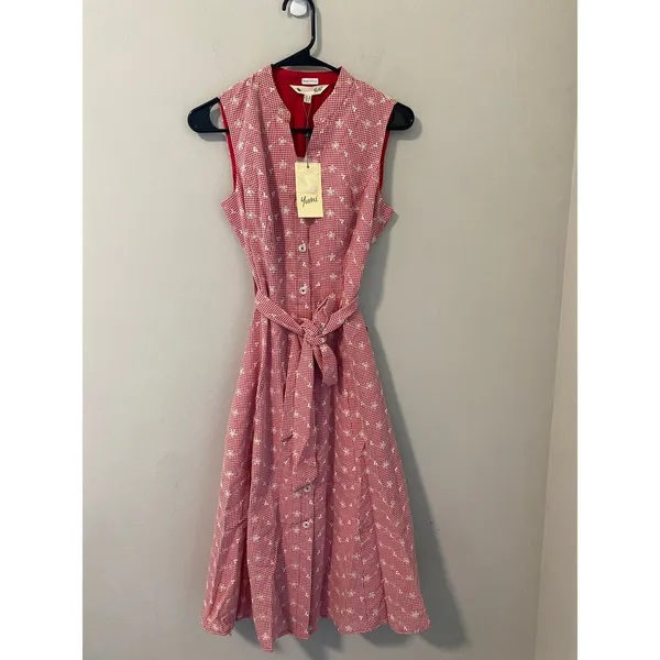 Yumi Kim NWT Red Gingham Floral Embroidered Belted Midi Dress Size 8 - Image 2