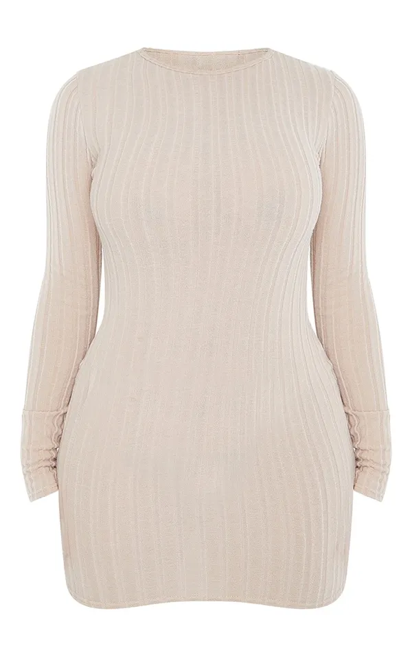 Beige Soft Ribbed Mini Long Sleeve Dress Fall & Winter Layering - Image 5