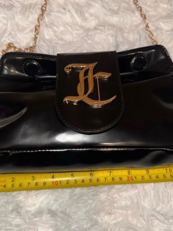 Juicy Couture Black Overstated Patent Leather Gold Monogram chain purse bag y2k - Image 7