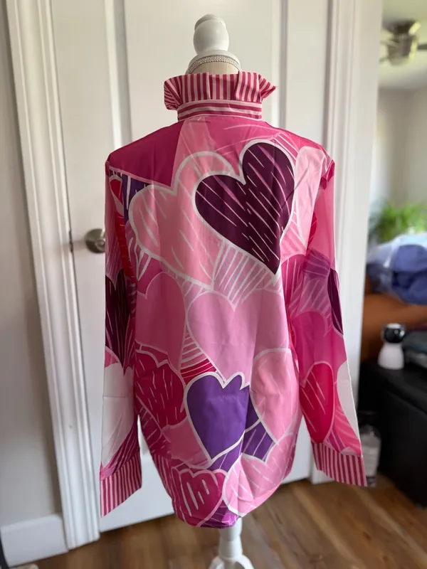 Women's Long Sleeve Pink Heart Theme High Ruffle Neck Blouse Size L #260864 - Image 11