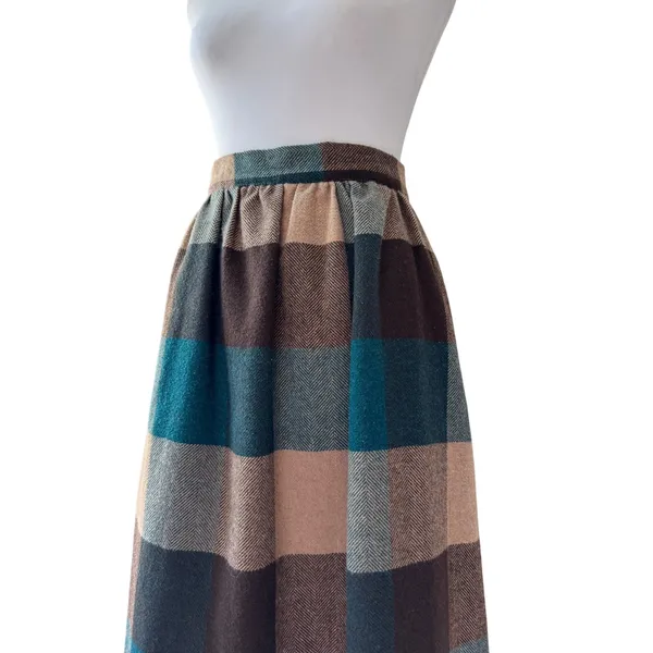 Vintage ‘80s Shelly’s Tall American Beauty Brown & Teal Wool A-Line Midi Skirt - Image 5