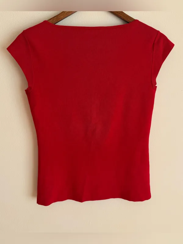 White House Black Market Silk Blend Square Neck Cap Sleeve Knit Top Red Small S - Image 3