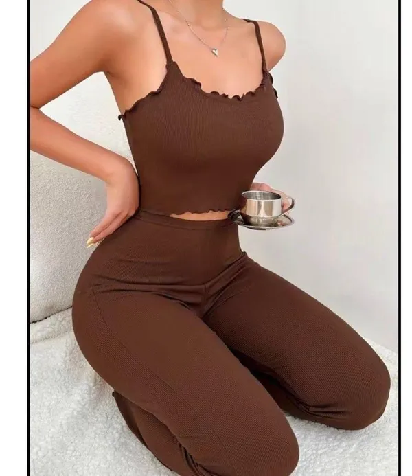 Solid Ribbed Pajama Set, Lettuce Trim Cami Top & Elastic Waistband Pants - Image 4
