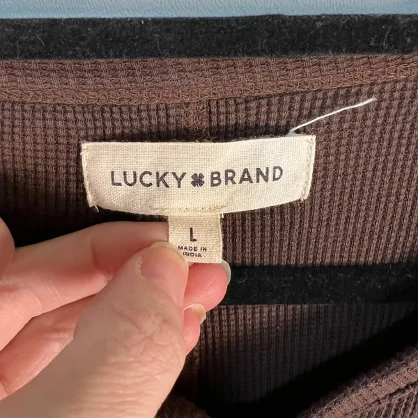 Lucky Brand Womens Brown Waffle Knit Henley‎ Top Cable Knit Sleeves Large boho - Image 4
