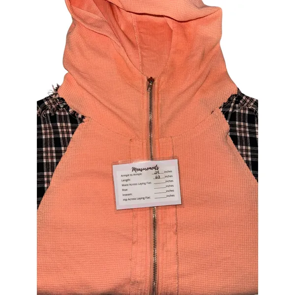 POL Womens Peach Waffle Knit Plaid Flannel Trim Zip Up Hoodie MFT584 Orange M - Image 6