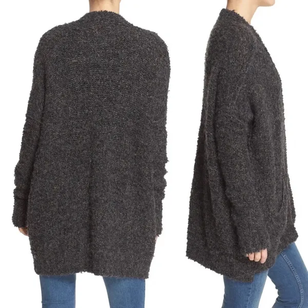 Free People Oversized Bouclé V-Neck Cardigan Size Small Gray Pockets Boho Alpaca - Image 2