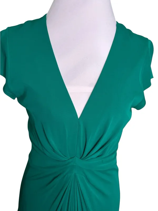 Vintage Banana Republic Emerald Green Ruched Front Dress V-Neck Midi Size 10 - Image 4