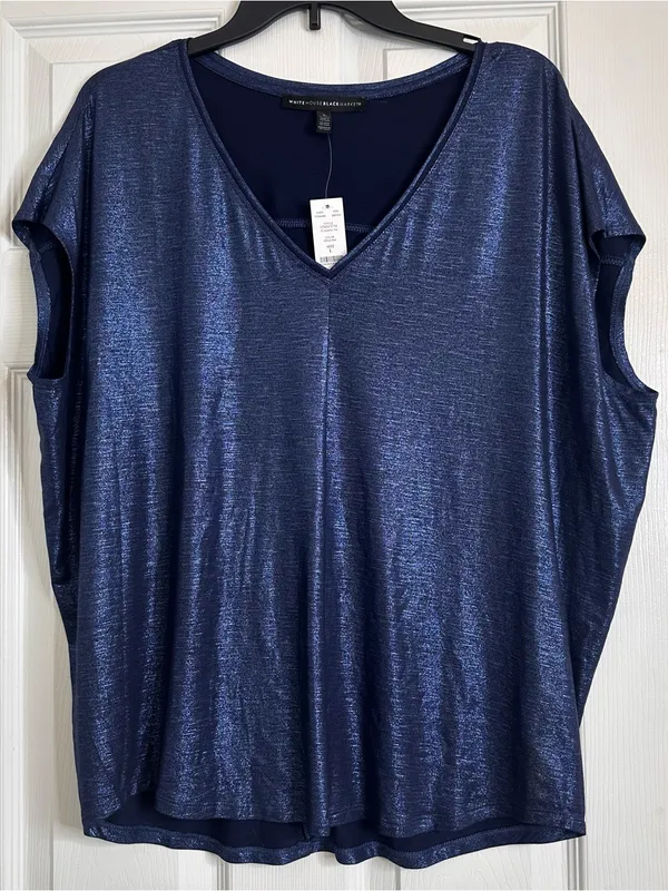 White House Black Market Navy Blue Shimmer V-Neck Tank New Women’s Large - Image 6