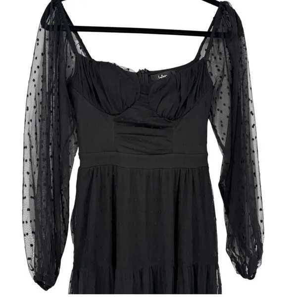 Lulus Black Swiss‎ Dot Tiered Bustier Midi Dress Size XS Whimsigoth Fairy Grunge - Image 7