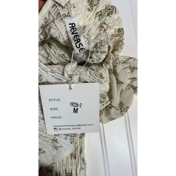 Reverse Floral Smocked Puff Sleeve Midi Dress Cream Brown Fall Medium NWT - Image 6