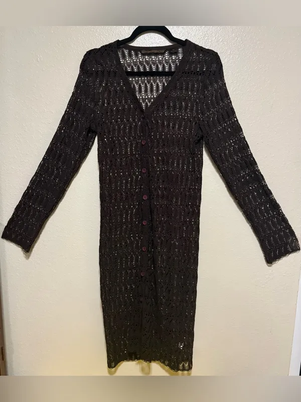 Boho Crochet Knit Long Cardigan Duster Brown Sheer Button Front Layer Sweater M - Image 2