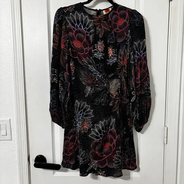 Farm Rio Sparkle Flowers Mini Dress Floral Print Circle Cut-Out Size XS - Image 4