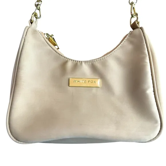 White Fox‎ Boutique Chain Strap Nylon Shoulder Bag Tan Gold Trendy Going Out - Image 2