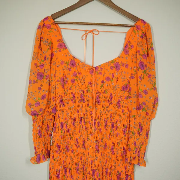 For Love & Lemons Orange Floral Smocked Mini Dress Long Puff Sleeve Sweetheart - Image 3