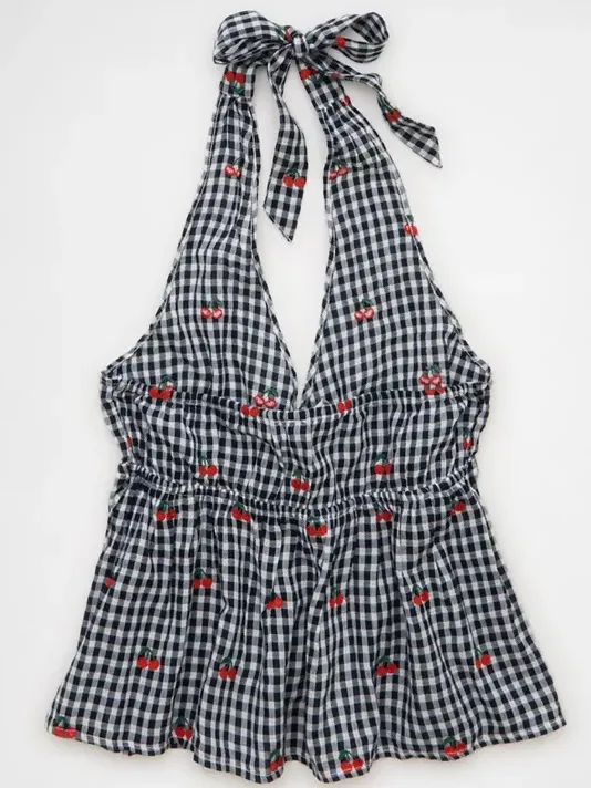 American Eagle Cherry Gingham Halter Peplum Top XS Embroidered Babydoll Y2K - Image 5