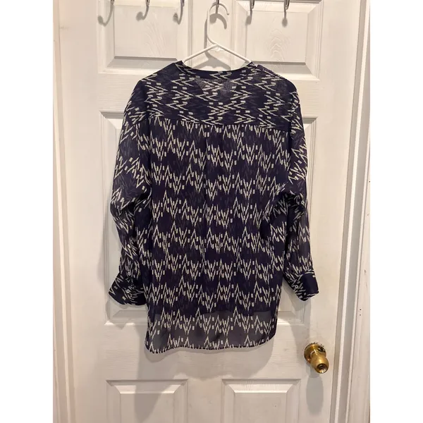 Zara Women Purple Geometric Ikat Print Sheer Chiffon Button‎ Up Blouse Large - Image 6