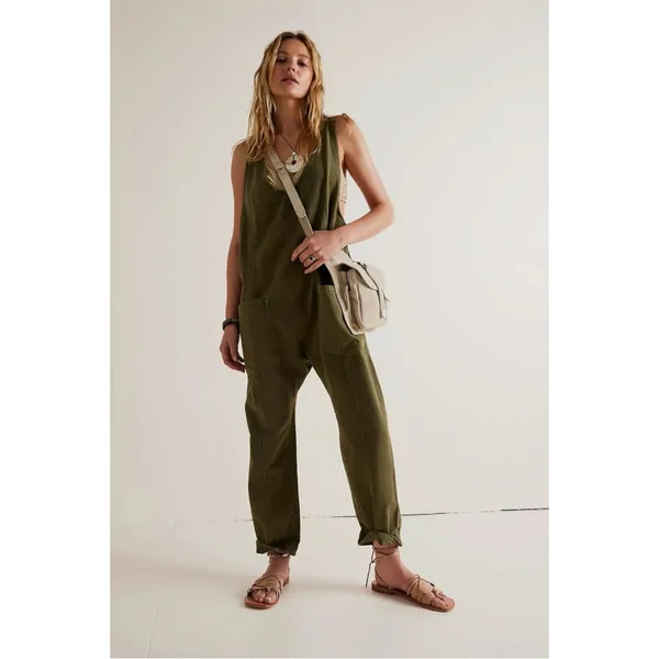 Free People High Roller Jumpsuit in Moss Stone Size Small Denim Overalls Harem - Image 7