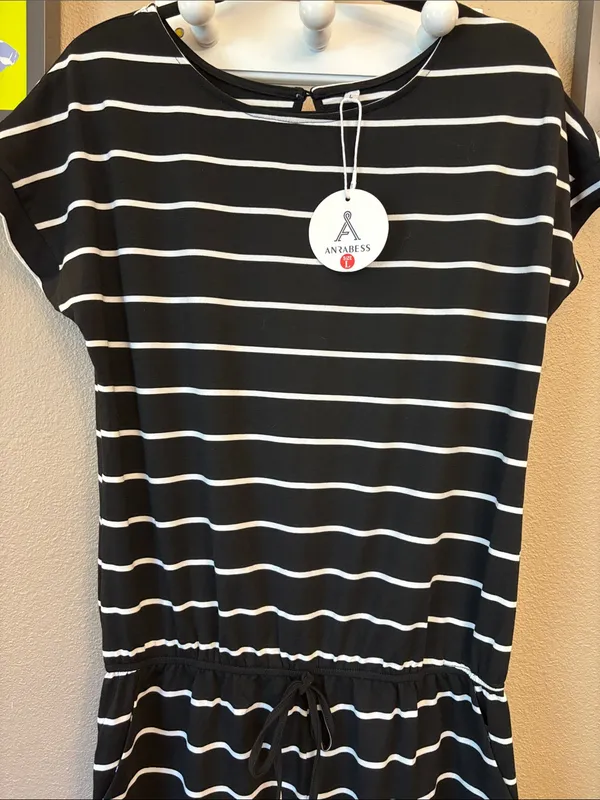 NEW! ANRABESS Size LARGE Black & White Striped Shorts Romper Short Sleeve - Image 3