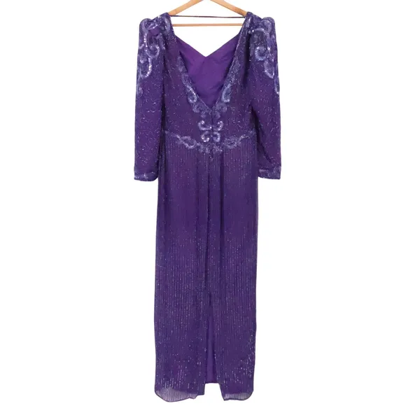 Vintage 80s Beaded Silk Gown Womens Size S Purple Sequin Formal Wedding FLAWS - Image 2