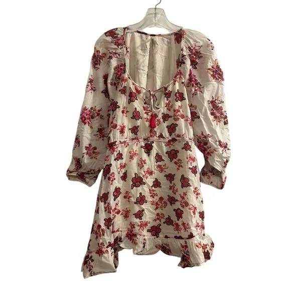 Free People Camella Mini Dress M Ivory and Pink Floral Bohemian 3/4‎ Sleeve - Image 16
