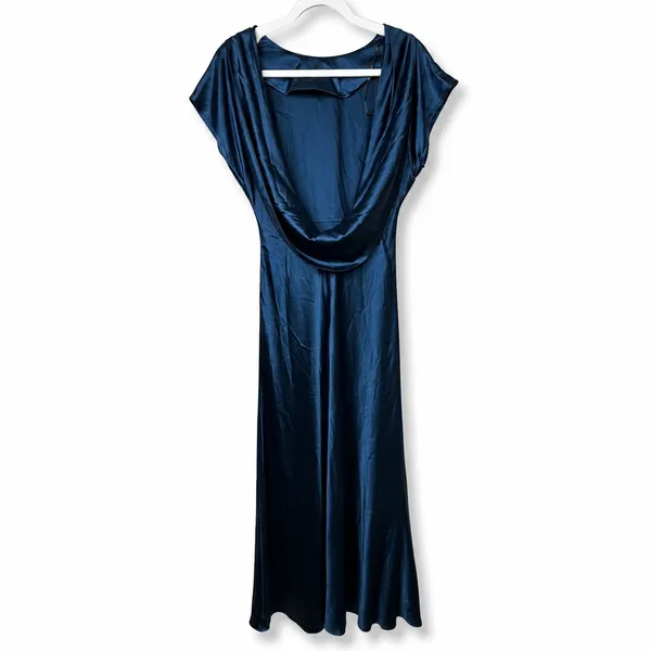 NEW Lulus Captivating Presence Dark Teal Satin Open Cowl Back Maxi Dress Large - Image 9