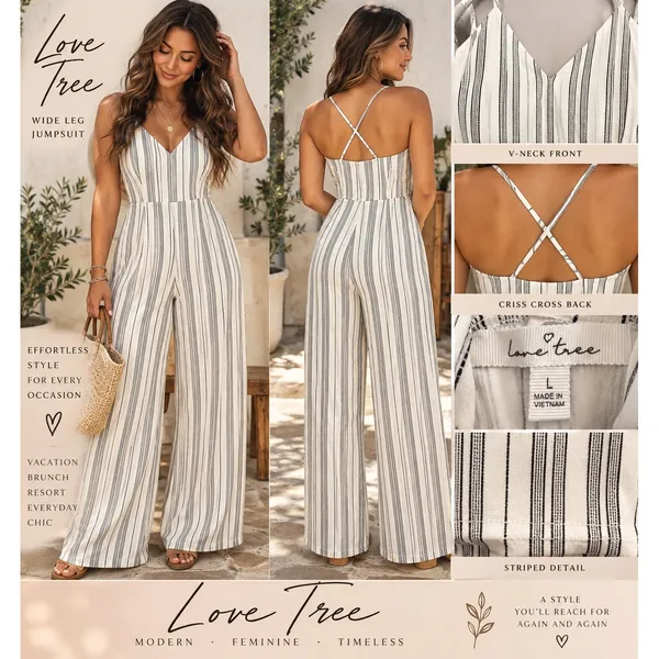 Love Tree Womens Wide Leg Jumpsuit White Black Striped Criss Cross Back Large - Image 2