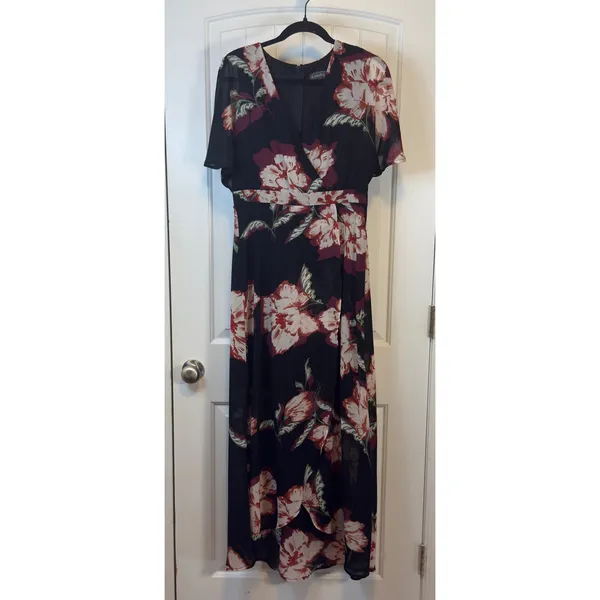 Luxology Women Black Floral Wrap Maxi‎ Dress Flutter Sleeve High Low Hem Wedding - Image 2