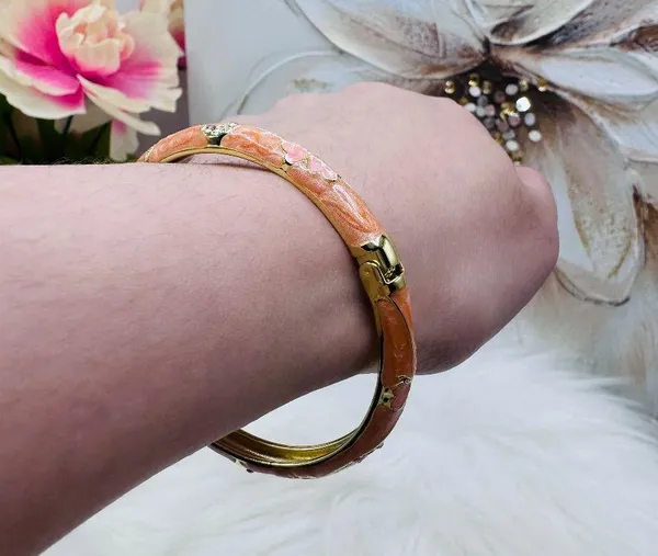 Peachy Pink Flower Enamel Cloisonne Bracelet Bangle - Image 4