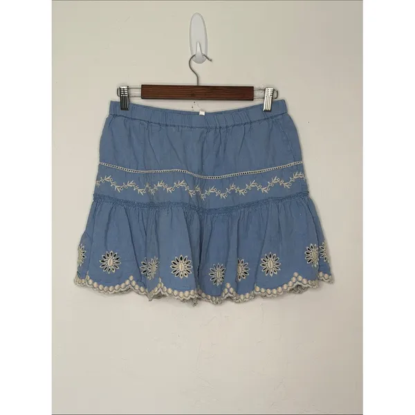 LoveShackFancy Cava Mini Skirt Hydrangea Blue Embroidered Linen Medium - Image 3