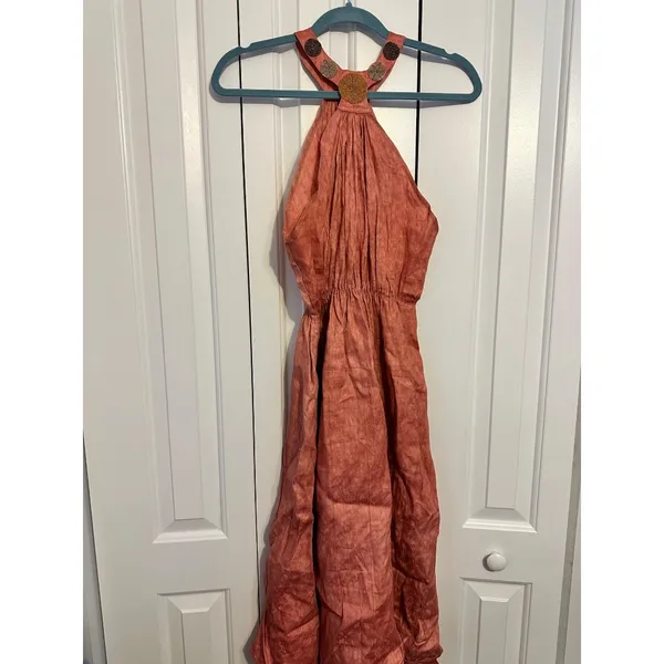 Amani Handicraft Halter Maxi Dress Boho‎ Terracotta Beaded Cotton Size 12 - Image 6