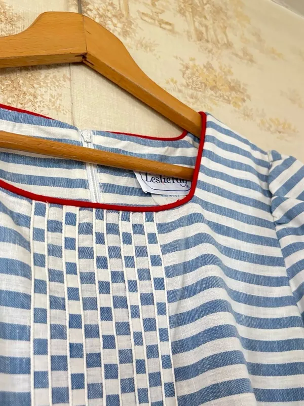 Vintage 80s Leslie Fay Blue White Striped Nautical Retro Belted Midi Dress - Image 6