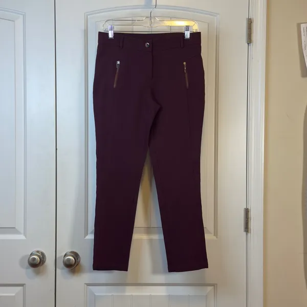 Esilla Women Plum Burgundy Crop Slim Fit Stretch Trousers Gold Zip‎ Pockets Sz 6 - Image 2