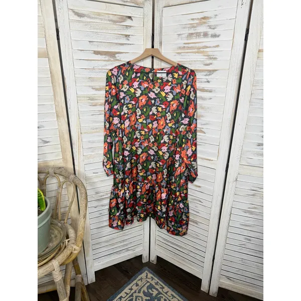 COMPANIA FANTASTICA Women's XL Satin Multicolor Floral Shift Dress Ruffle Hem - Image 6