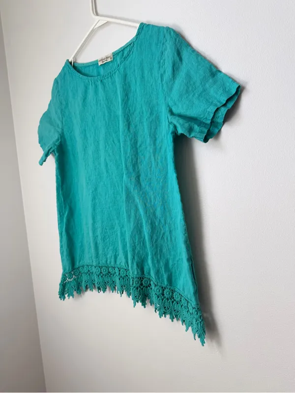 TERZO Millennio Short Sleeve Linen Top Crochet Trim Made In Italy Size Small - Image 3