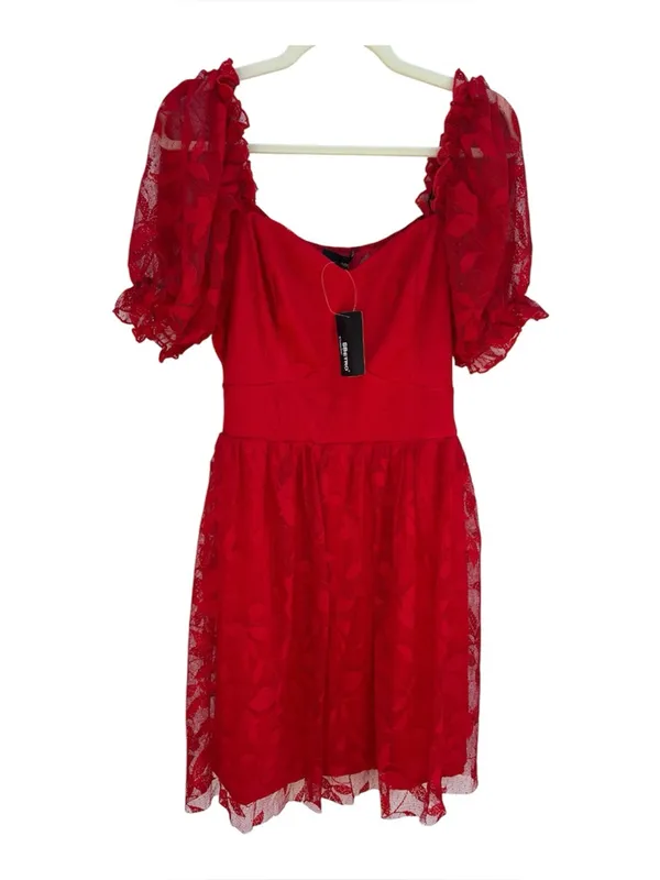 SBetro Plus 2XL Red Lace Overlay Puff Sleeve Sweetheart Mini Dress Coquette NWT - Image 2