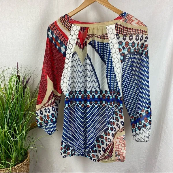 Anthropologie Multi Print Boho Peasant 3/4 Length Sleeve Top By Fig & Flower L - Image 3