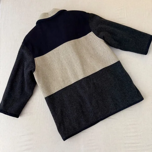 Herman Kay Vintage Women 12 Colorblock Wool‎ Coat Sherpa Collar Navy Grey Beige - Image 12