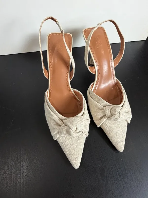 ASOS DESIGN Soraya Knotted Slingback Mid Heel Shoes Neutral Cream Linen Size 10 - Image 5