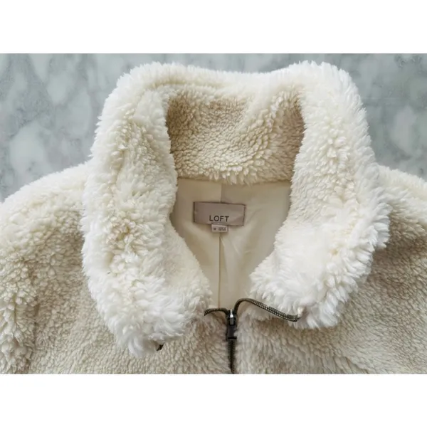 Ann Taylor LOFT Sherpa Teddy Fleece Bomber Jacket Medium Cozy Warm Fuzzy - Image 5