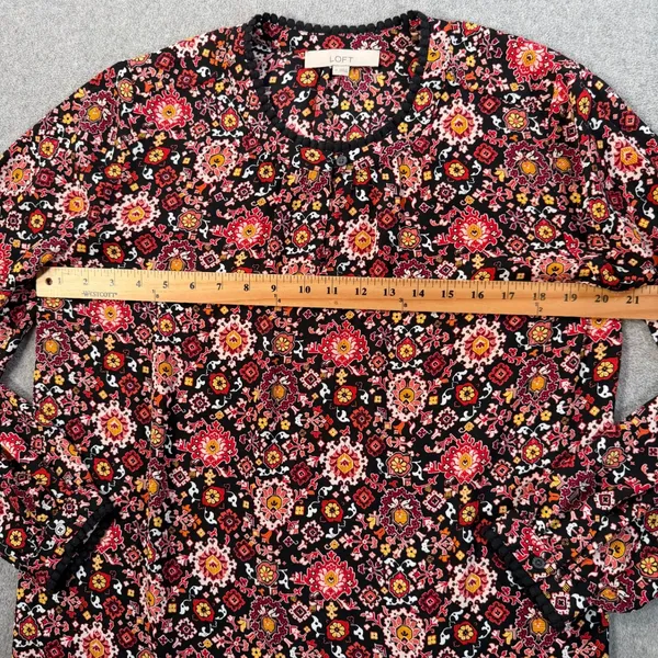 LOFT Women's Medium Black Red Pom Pom Trim Long Sleeve Blouse Top Keyhole - Image 9
