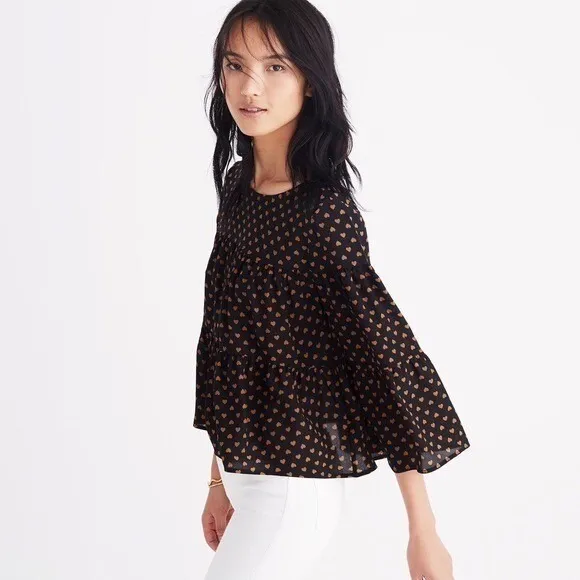 MADEWELL Silk Black Gold Heart Flip Button Back Tiered Top Blouse X-Small - Image 5