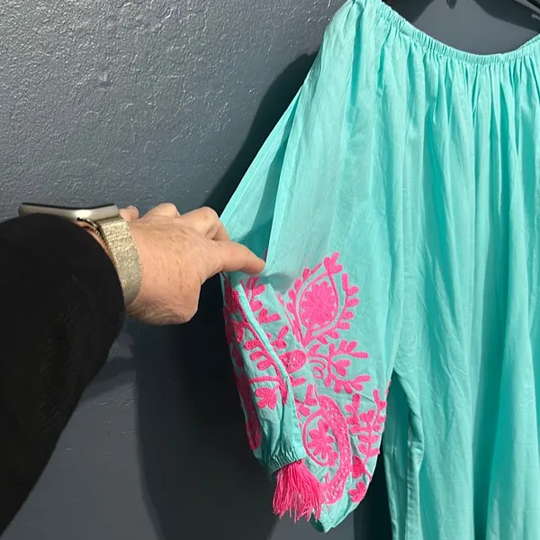 Boutique Aqua Off-Shoulder Dress coverup with Pink Embroidery - Image 2