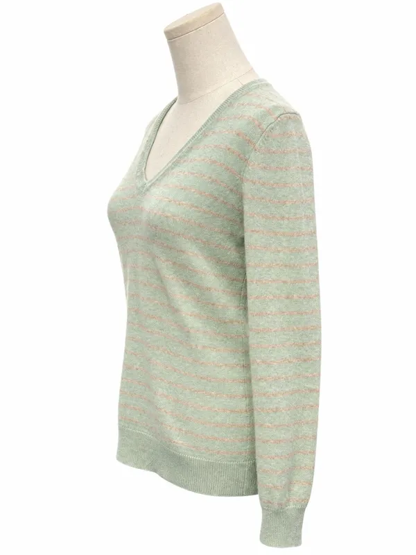 Lord & Taylor 100% Cashmere Striped V-Neck Sweater Mint Size Medium - Image 2