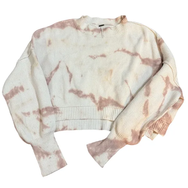 Free People Tie Dye Cropped‎ Ribbed Knit Pullover Sweater Mauve Cream Medium - Image 4