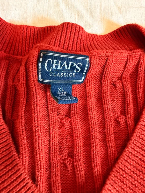 Vintage Chaps Classics Rust Red Cable Knit V Neck Sweater 100% Cotton XL - Image 2