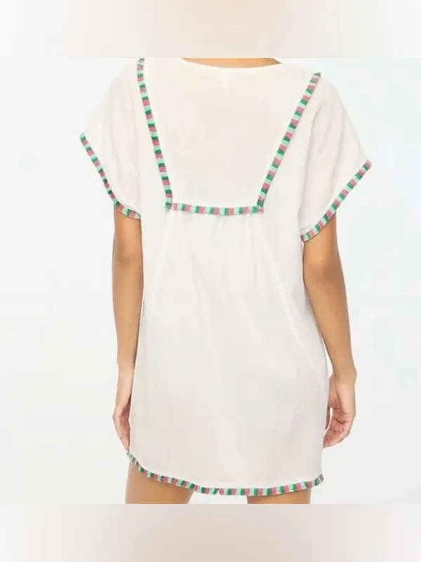J.Crew Factory White Tassel Beach Tunic with Pink, Green and Blue Trim 2X - Image 2