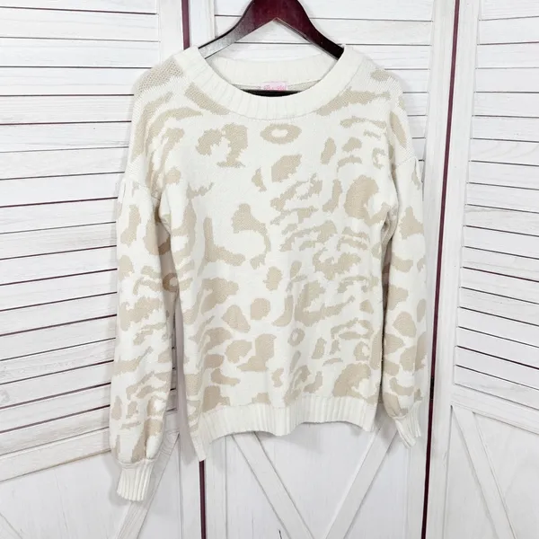 Pink Lily Animal Cheetah Print Balloon Sleeve Sweater Ivory Tan‎ Small - Image 8