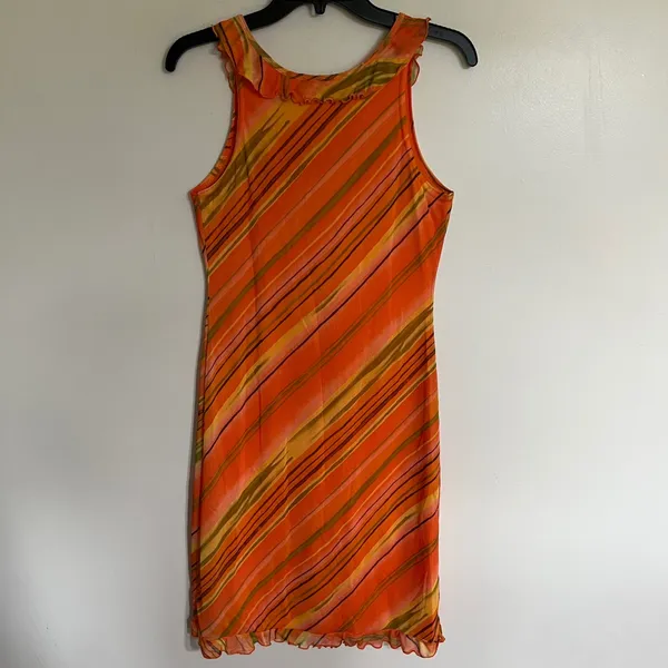Gidani USA‎ Orange Striped Mesh Overlay Ruffle Dress Sleeveless Y2K Size Medium - Image 11