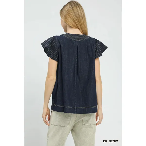 Umgee Cap Sleeve Denim Top - Dk. Denim - Small - Image 3